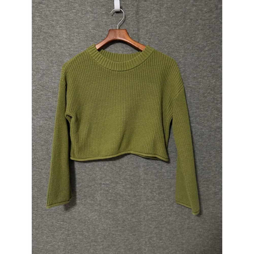 Wild Fable Juniors Cropped Crewneck Sweater Olive Green Size M Long Sleeve